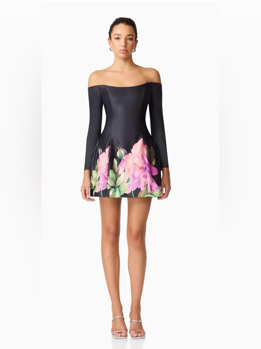 Elliot Azielle Black Off-Shoulder Mini Dress with Pink Floral Hem